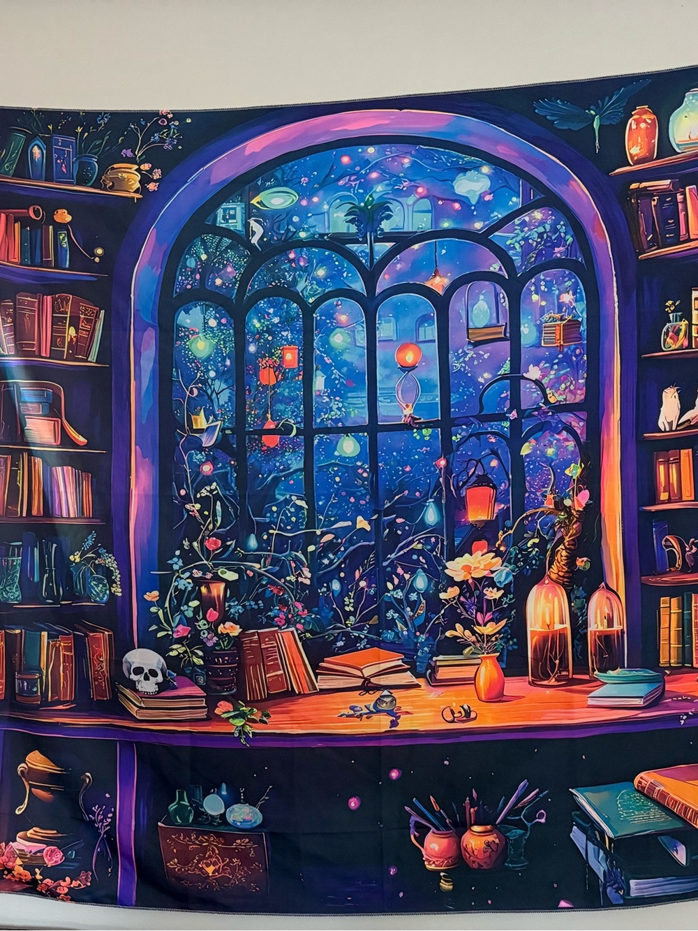 Mystical Night Window Tapestry - Starry Blue & Purple Art
